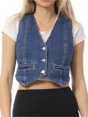 Denim Button-Front Crop Vest - Blue